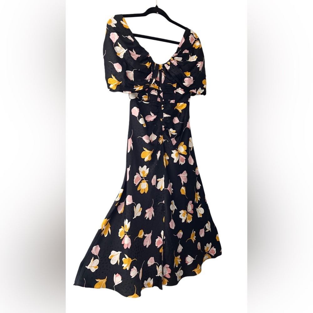 Self Portrait Off Shoulder Black Floral Printed Midi Dress- Size US 0